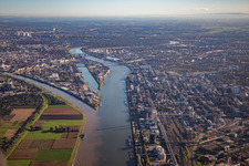 Aerial view of Mühlauhafen and Neckar estuary in the district Innenstadt in Mannheim in the state Baden-Wuerttemberg, Germany