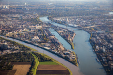 Aerial photograpy of Mühlauhafen and Neckar estuary in the district Innenstadt in Mannheim in the state Baden-Wuerttemberg, Germany