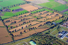 Rectangular fields bordered by rows of bushes at the Bruchgraben in the district Sandhofen in Mannheim in the state Baden-Wuerttemberg, Germany