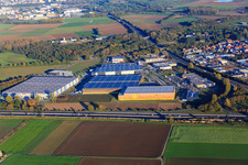 Aerial view of Alnatura distribution center beyond the A67 in Lorsch in the state Hesse, Germany