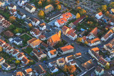 Aerial view of Protestant church and cemetery in Gernsheim in the state Hesse, Germany
