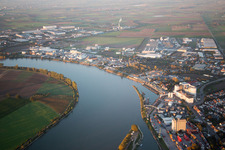 Aerial photograpy of City center in the downtown area on the banks of river course of the Rhine river in Gernsheim in the state Hesse, Germany