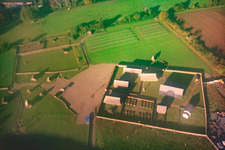 Aerial view of Open-air laboratory Lauresham Celtic adventure village at the monastery in Lorsch in the state Hesse, Germany