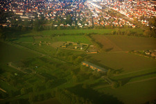 Aerial photograpy of Open-air laboratory Lauresham Celtic adventure village at the monastery in Lorsch in the state Hesse, Germany