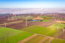 Aerial view of Amprion GmbH - Substation in the district Rosengarten in Lampertheim in the state Hesse, Germany