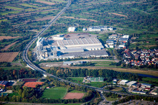 Aerial view of Building and production halls on the premises of Spanplattenfabirk Kronospan GmbH in Bischweier in the state Baden-Wurttemberg, Germany