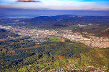 City overview in the Murg Valley from the west with the Daimler Truck AG factory premises in Gaggenau in the state Baden-Wuerttemberg, Germany