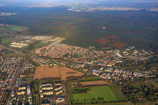 City view at the edge of the forest from the south in the district Neureut in Karlsruhe in the state Baden-Wuerttemberg, Germany