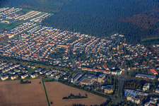 Aerial photograpy of City view at the edge of the forest from the south in the district Neureut in Karlsruhe in the state Baden-Wuerttemberg, Germany