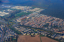 Oblique view of City view at the edge of the forest from the south in the district Neureut in Karlsruhe in the state Baden-Wuerttemberg, Germany