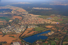 Aerial view of City view between Hardtwald and Altrhein from the south in the district Eggenstein in Eggenstein-Leopoldshafen in the state Baden-Wuerttemberg, Germany