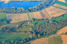 Aerial view of Paraglider over the Rhine meadows on the Old Rhine in the district Eggenstein in Eggenstein-Leopoldshafen in the state Baden-Wuerttemberg, Germany