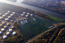 Aerial view of Oil tanker in the MIRO oil port on the Rhine in the district Knielingen in Karlsruhe in the state Baden-Wuerttemberg, Germany