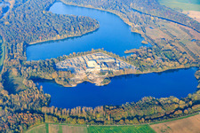 Aerial view of Concrete plant Lithonplus GmbH & Co. KG at the quarry lake Eggenstein in the district Eggenstein in Eggenstein-Leopoldshafen in the state Baden-Wuerttemberg, Germany