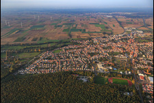 Aerial view of Sports fields and light oaks at the edge of the forest in Rülzheim in the state Rhineland-Palatinate, Germany