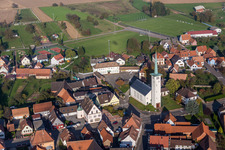 Aerial view of Church building Eglise protestante de Rittershoffen in Rittershoffen in Grand Est, France