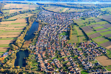 Aerial view of Village view at Tankgraben from the west in Neuburg am Rhein in the state Rhineland-Palatinate, Germany