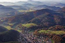 Village view in the autumnal Palatinate Forest from the east in Vorderweidenthal in the state Rhineland-Palatinate, Germany