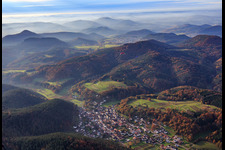 Aerial view of Village view in the autumnal Palatinate Forest from the east in Vorderweidenthal in the state Rhineland-Palatinate, Germany