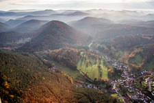 Aerial view of Erlenbach, Berwartstein Castle in Erlenbach bei Dahn in the state Rhineland-Palatinate, Germany