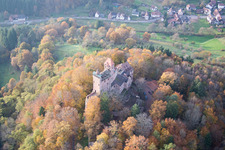 Erlenbach, Berwartstein Castle in Erlenbach bei Dahn in the state Rhineland-Palatinate, Germany seen from above