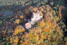 Erlenbach, Berwartstein Castle in Erlenbach bei Dahn in the state Rhineland-Palatinate, Germany from the plane