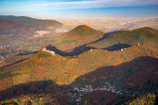 Aerial view of Trifels Castle in the district Bindersbach in Annweiler am Trifels in the state Rhineland-Palatinate, Germany