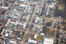 KIK Campus North in the district Leopoldshafen in Eggenstein-Leopoldshafen in the state Baden-Wuerttemberg, Germany seen from above
