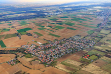 Oblique view of Village overview in winter from the southwest in Minfeld in the state Rhineland-Palatinate, Germany