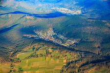 Village overview in the Palatinate Forest in winter from the east in Dörrenbach in the state Rhineland-Palatinate, Germany