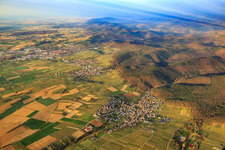 Aerial photograpy of Village overview on the edge of the Palatinate Forest in winter from the northeast in Oberotterbach in the state Rhineland-Palatinate, Germany