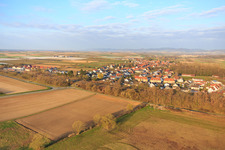 Along the railway line in winter in Winden in the state Rhineland-Palatinate, Germany from above