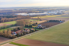Aerial photograpy of Höfen district in winter from the southwest in the district Minderslachen in Kandel in the state Rhineland-Palatinate, Germany
