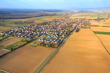Aerial view of Village overview in winter on the B427 from the east in Minfeld in the state Rhineland-Palatinate, Germany
