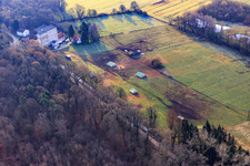 Aerial photograpy of Mobeler chicken coop of the organic chicken farm of Hofladen Stoltz at the Hardtmühle in Kandel in the state Rhineland-Palatinate, Germany