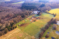 Mobeler chicken coop of the organic chicken farm of Hofladen Stoltz at the Hardtmühle in Kandel in the state Rhineland-Palatinate, Germany seen from above