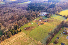 Mobeler chicken coop of the organic chicken farm of Hofladen Stoltz at the Hardtmühle in Kandel in the state Rhineland-Palatinate, Germany from the plane