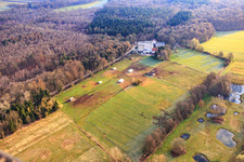 Mobeler chicken coop of the organic chicken farm of Hofladen Stoltz at the Hardtmühle in Kandel in the state Rhineland-Palatinate, Germany viewn from the air