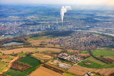 Overview of the town with the commercial area of In d. Kehl and Im Ried at the sand track race track of the Motorsport Club Altrip eV in Altrip in the state Rhineland-Palatinate, Germany