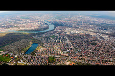 City view on the river bank of Rhein between Ludwigshafen and the district Lindenhof in Mannheim in the state Baden-Wurttemberg, Germany
