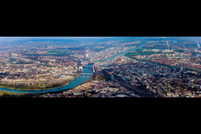 Panoramic perspective City view on the river bank of Rhine between Ludwigshafen and Mannheim in the state Baden-Wurttemberg, Germany
