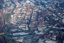 Aerial view of District Schwetzingerstadt in Mannheim in the state Baden-Wuerttemberg, Germany