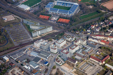 Industrial estate and company settlement Harlachweg vor dem Carl-Benz-Stadion in the district Oststadt in Mannheim in the state Baden-Wurttemberg, Germany