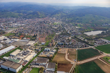 Aerial photograpy of City overview beyond the A5 from the southwest in Heppenheim in the state Hesse, Germany