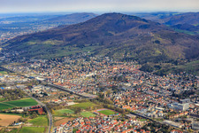 City overview at the foot of the Melibokus from the south in the district Auerbach in Bensheim in the state Hesse, Germany