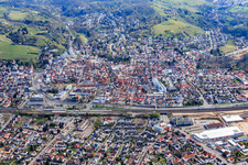 City overview with railway line from the west in Bensheim in the state Hesse, Germany