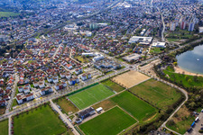 Aerial view of Berliner Ring with Office Center Bensheim and sports field of SSG Bensheim Hockey at the bathing lake Bensheim | GGEW AG in Bensheim in the state Hesse, Germany