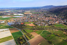 Aerial view of City overview with railway line at the foot of the Melibokus from the south in Zwingenberg in the state Hesse, Germany