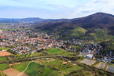 Aerial photograpy of City overview with railway line at the foot of the Melibokus from the south in Zwingenberg in the state Hesse, Germany