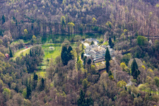 Aerial view of Annette's gastronomy in Heiligenberg Castle in Seeheim-Jugenheim in the state Hesse, Germany